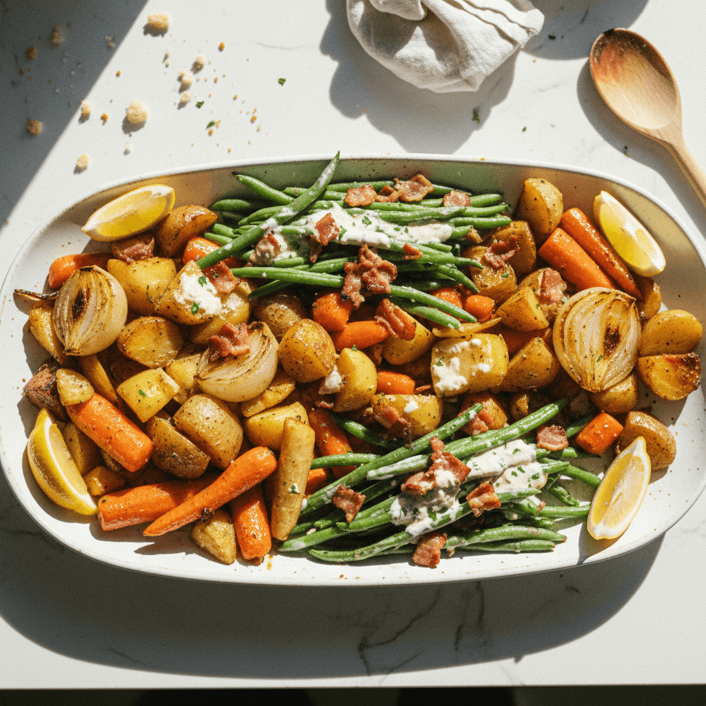 Roasted Honey-Glazed Root Vegetables with Green Beans, Bacon, Lemon and Parmesan