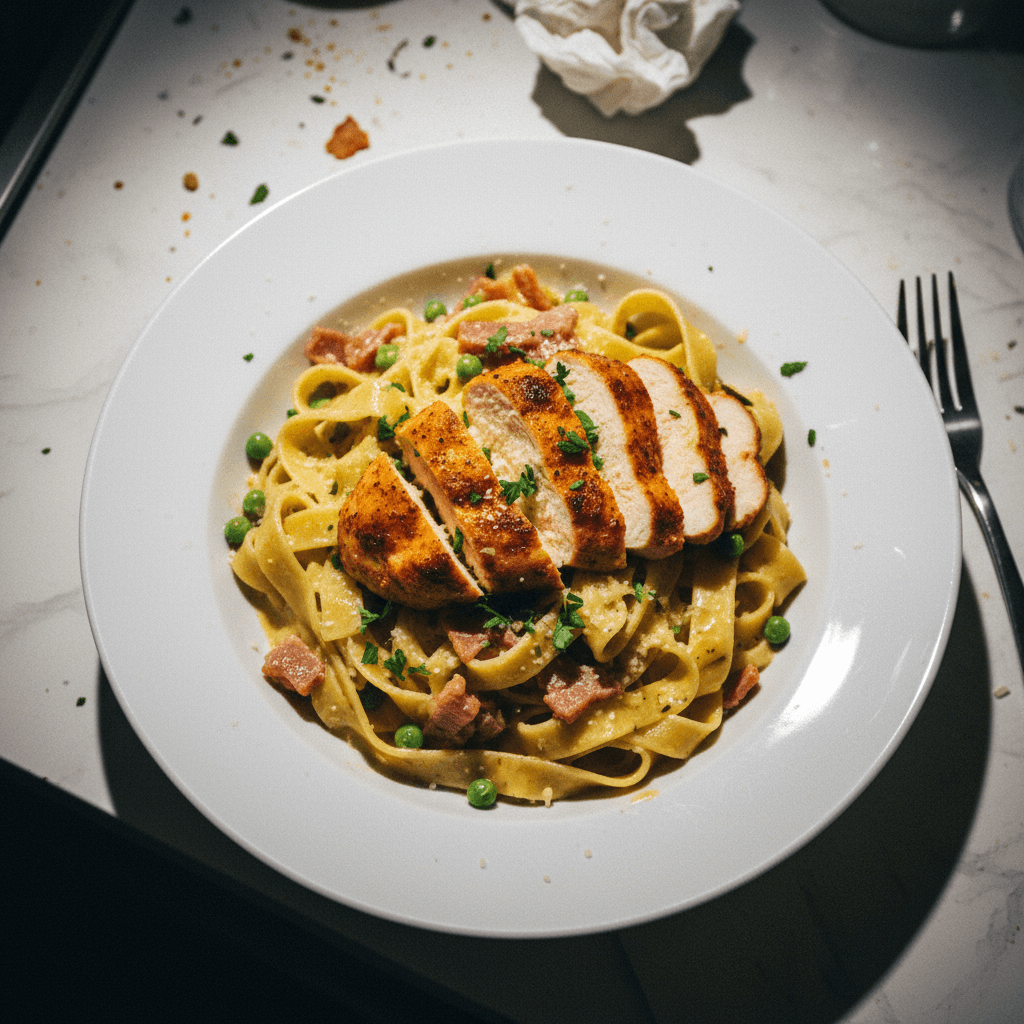 Carbonara with Cajun Chicken and Peas