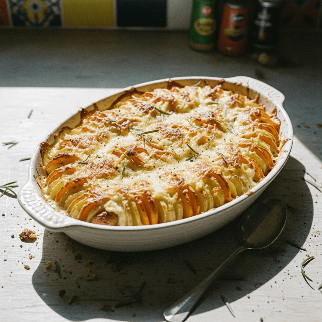 Creamy Cheesy Potato and Sweet Potato Gratin