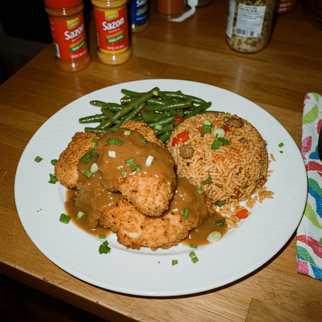 Oven Fried Chicken with Dirty Rice and Green Beans