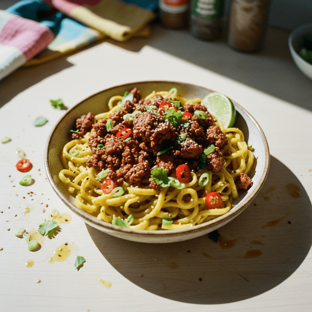 Yellow Curry Noodles with Spicy Tofu Crumble