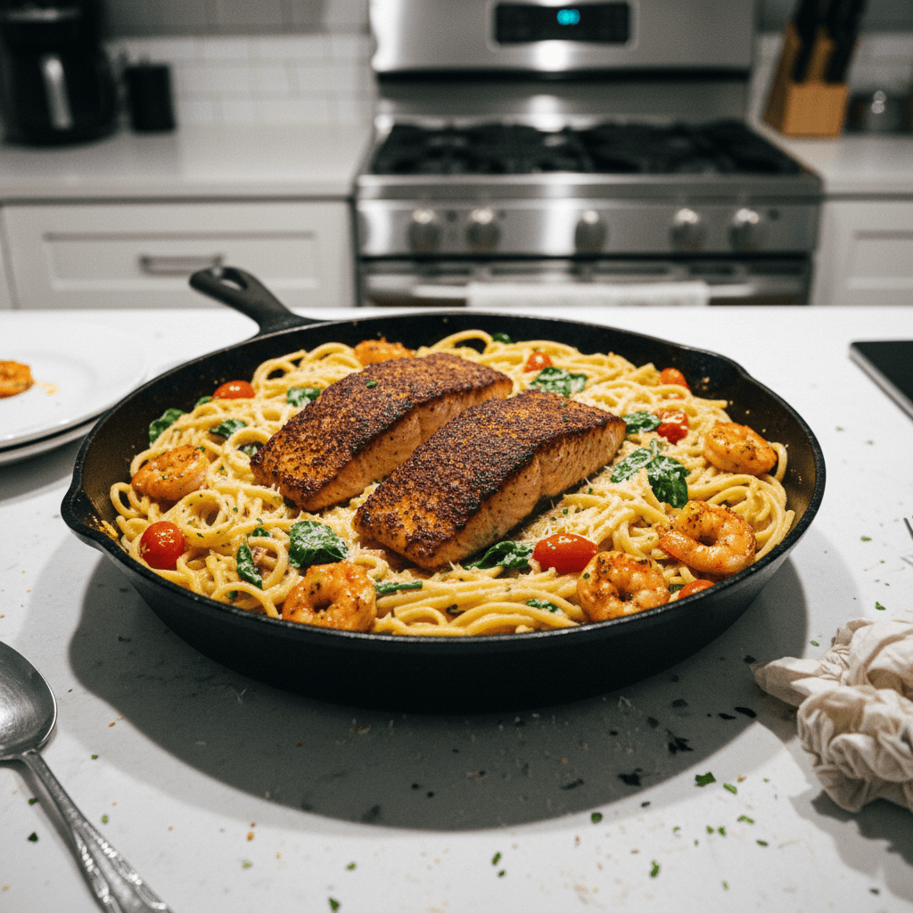 Blackened Salmon & Shrimp Alfredo