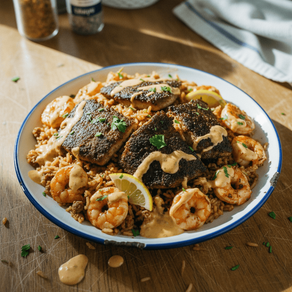 Blackened Catfish & Shrimp Over Dirty Rice With A Creamy Creole Sauce