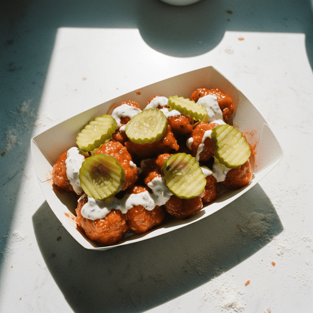 Sweet & Spicy Glazed Chicken Bites with Creamy Sauce and Pickles