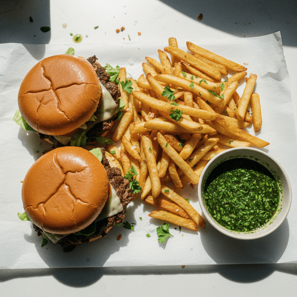 Wagyu Smash Burgers and Crispy Fries with Green Herb Sauce