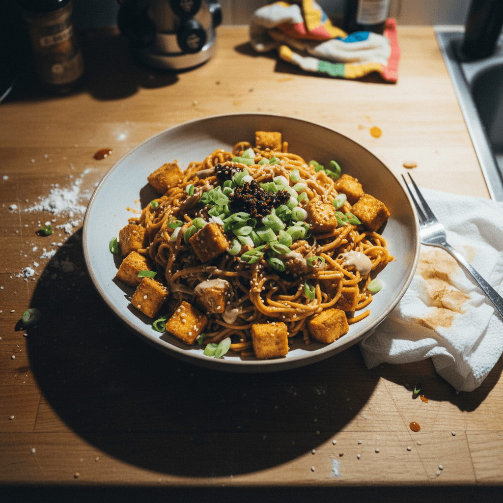 Crunchy Tofu with Chili Sesame Noodles