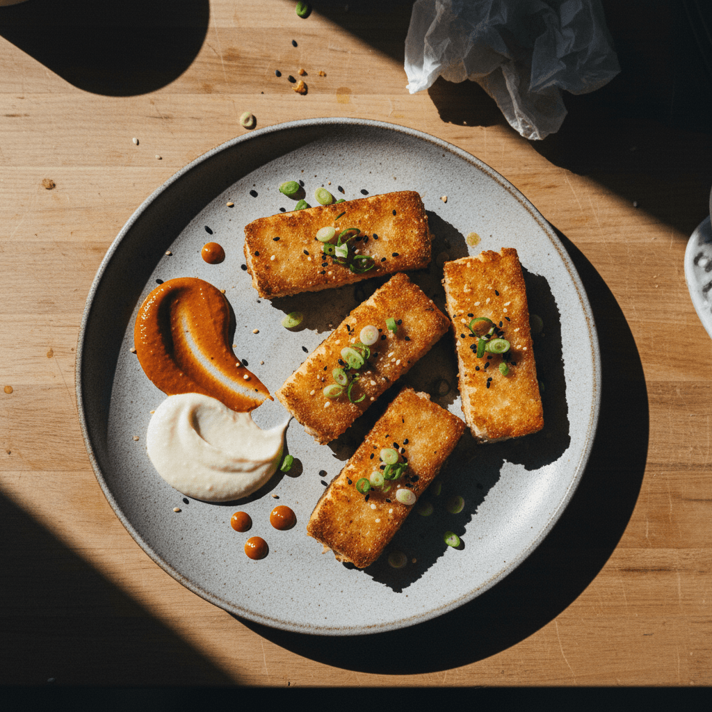 Shrimp Toast with Gochujang Aioli and Onion Soubise