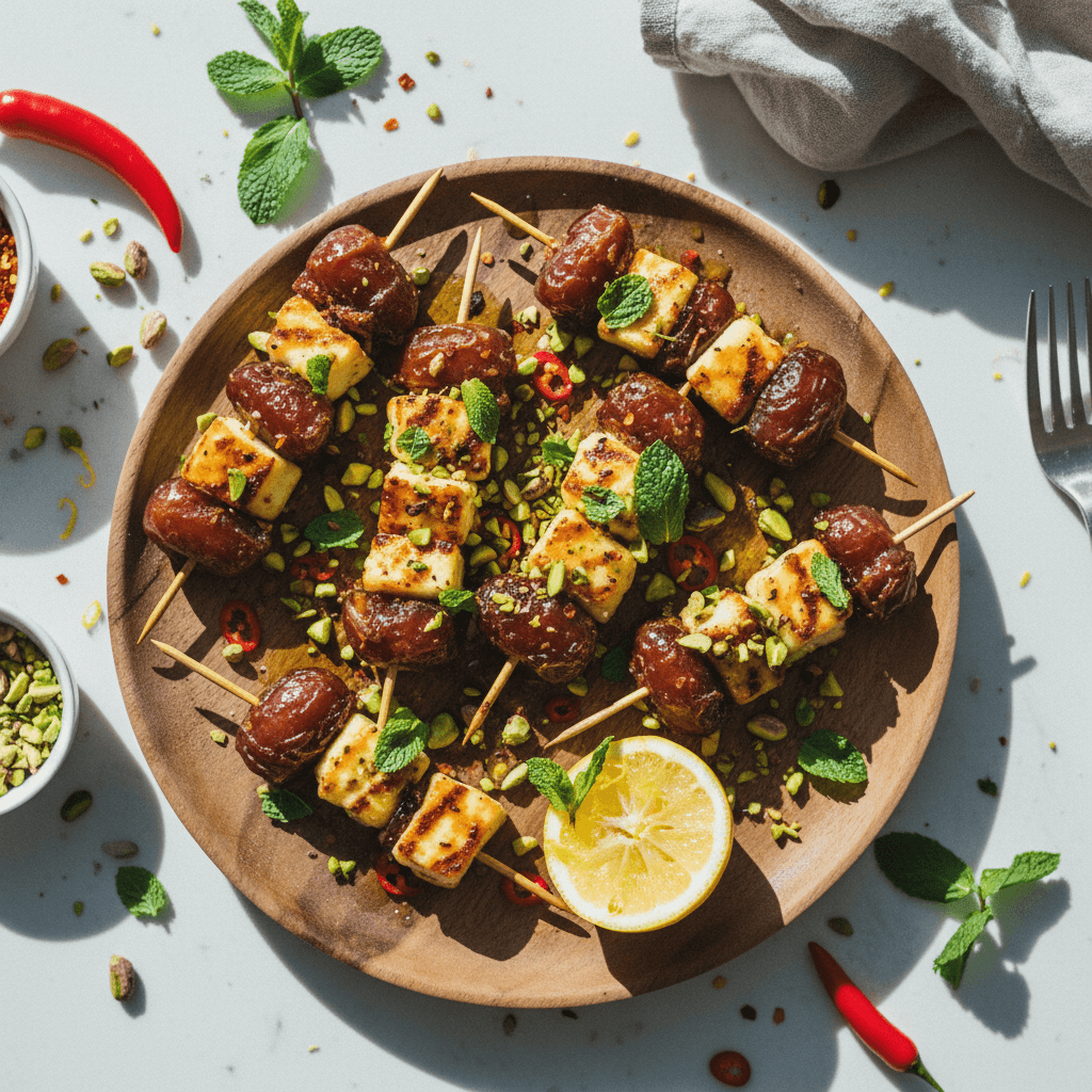 Grilled Halloumi Stuffed Dates with Pistachio, Mint & Chili