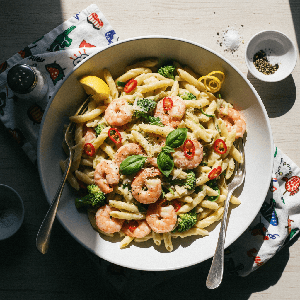 Creamy Alfredo Style Broccoli and Prawn Pasta