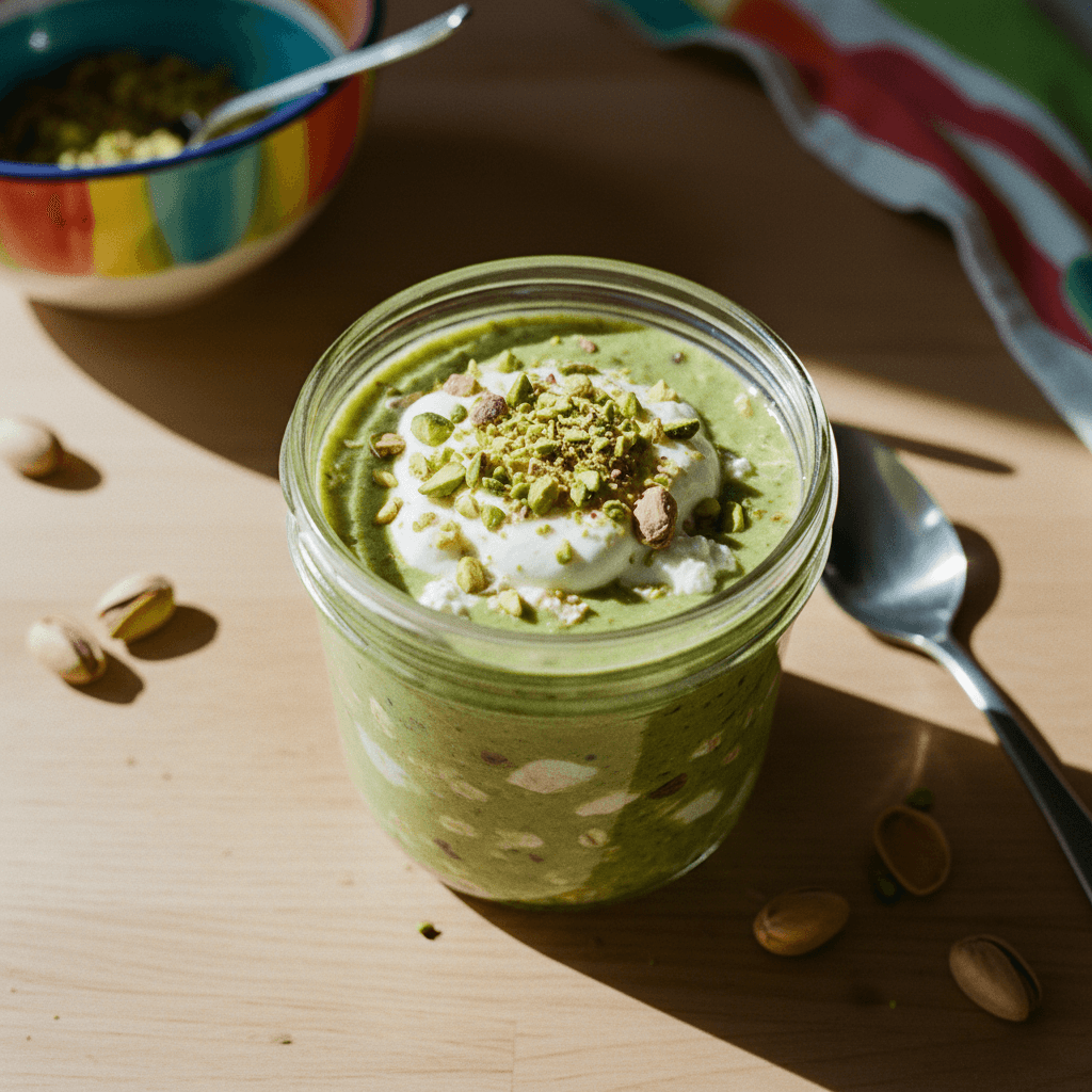 High Protein Pistachio Chia Pudding with Oats and Cottage Cheese