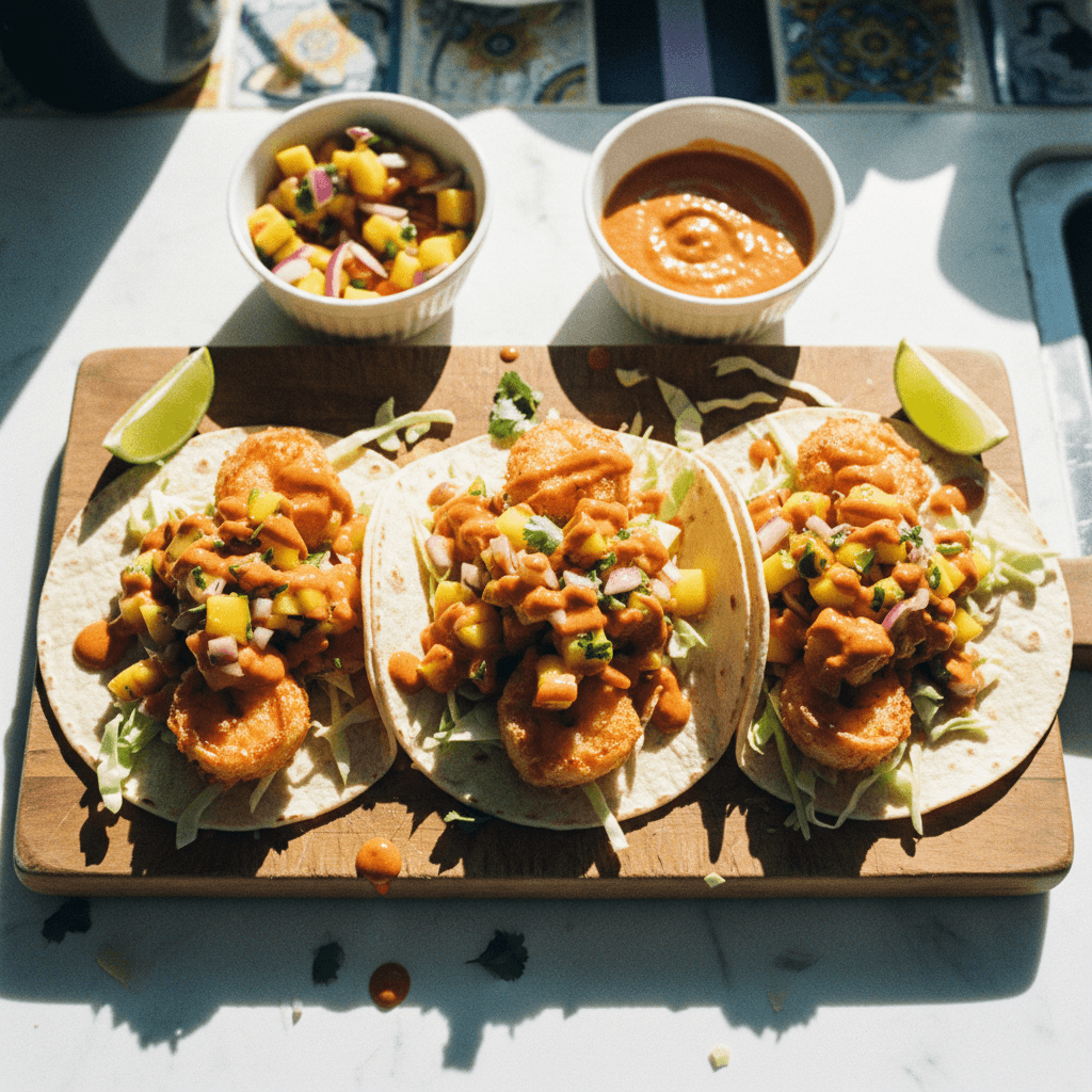 Beer Battered Shrimp Tacos with Chipotle Sauce and Mango Salsa