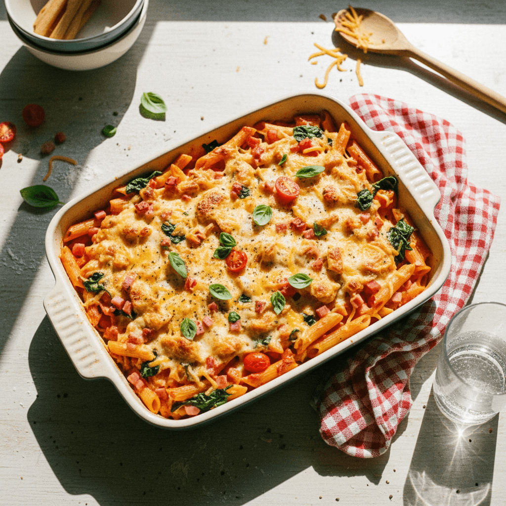 Chicken, Ham, and Spinach Pasta Bake