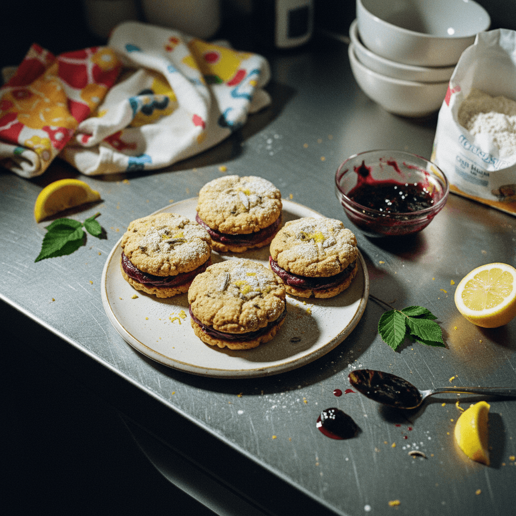 Brown Butter Sage Sandwich Cookies with Lemon Blackberry Buttercream