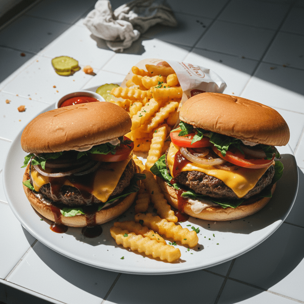 Juicy Gourmet Cheeseburgers with Crispy Fries