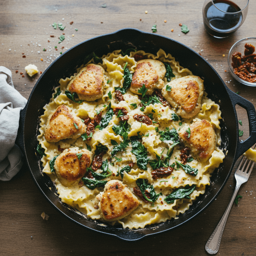 Creamy One-Pan Chicken and Ruffled Pasta with Sun-Dried Tomatoes and Spinach
