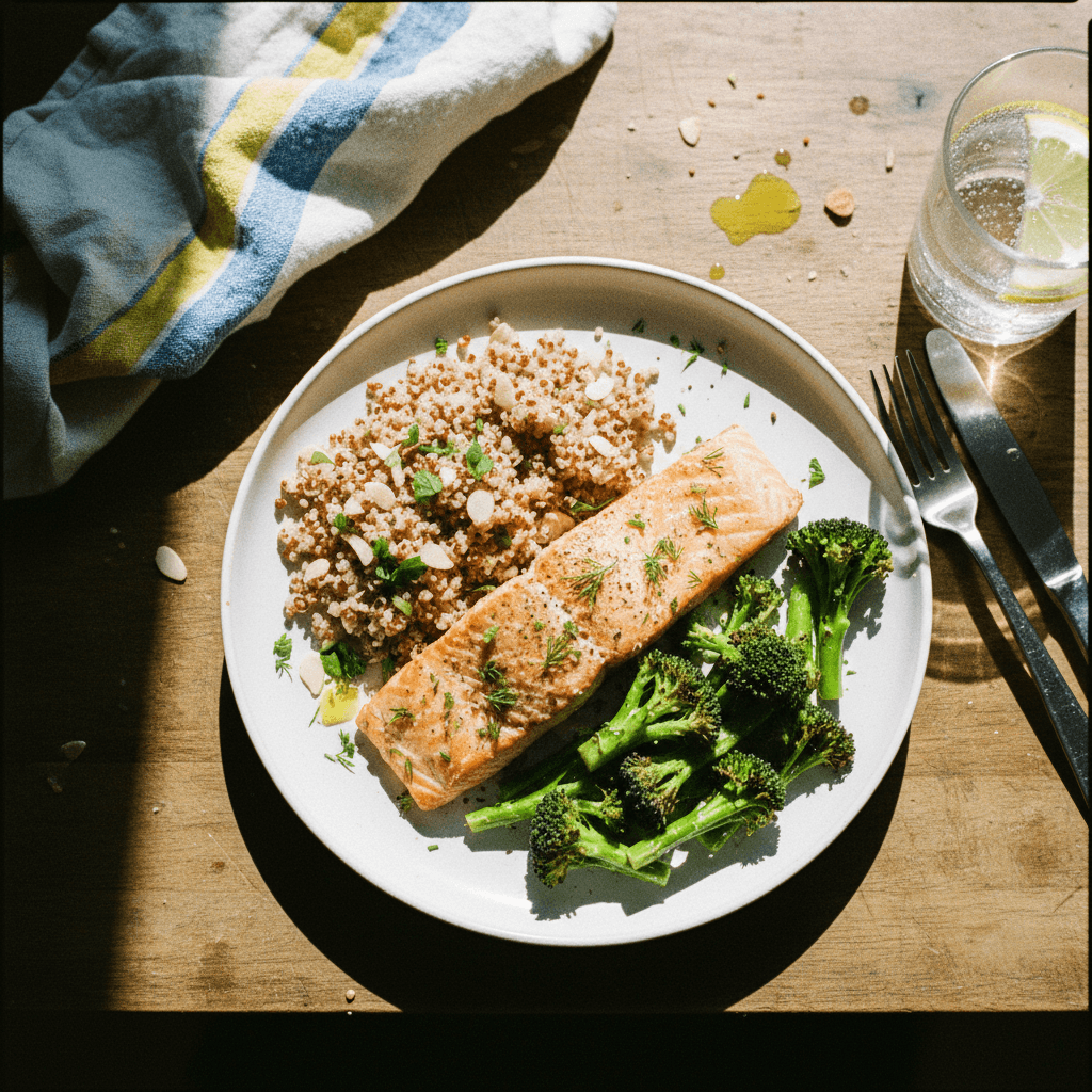 Baked Salmon with Quinoa and Roasted Broccoli