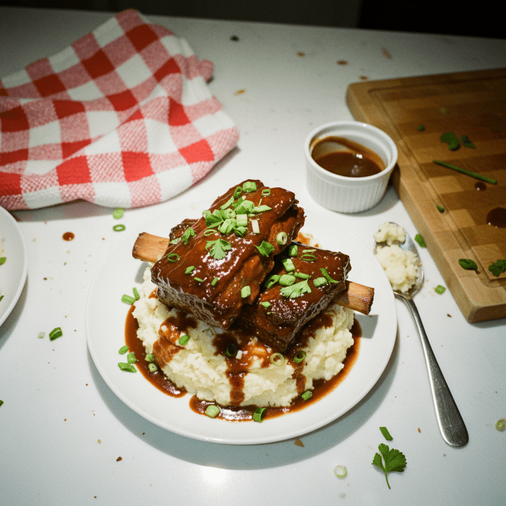 Slow-Cooked Glazed Short Ribs on Garlic Mashed Potatoes