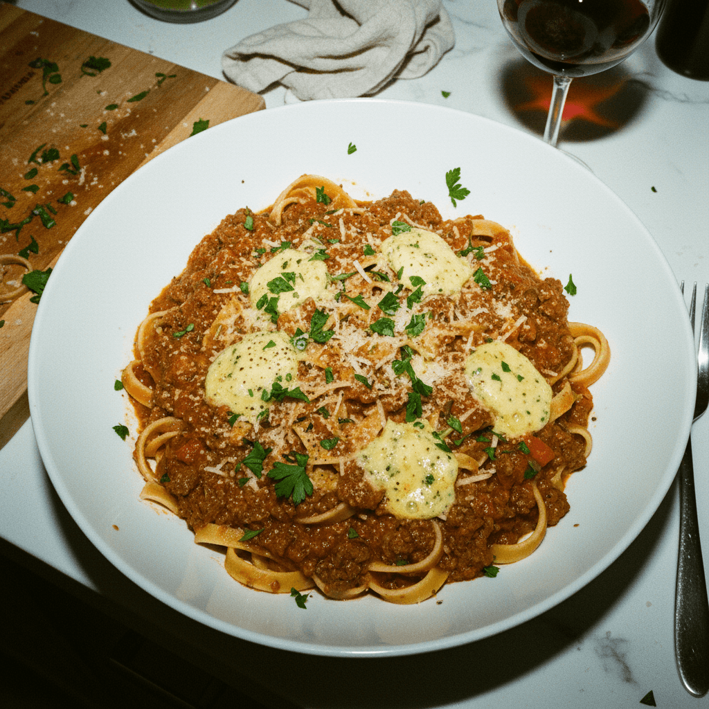 Beef Bolognese with Creamy Garlic Butter
