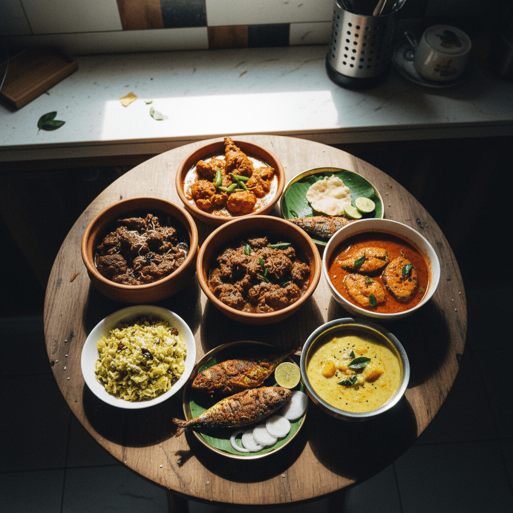 Kerala Feast: Beef Curry, Chicken Curry, Fish Curry, Fish Fry, Thoran, Pulissery