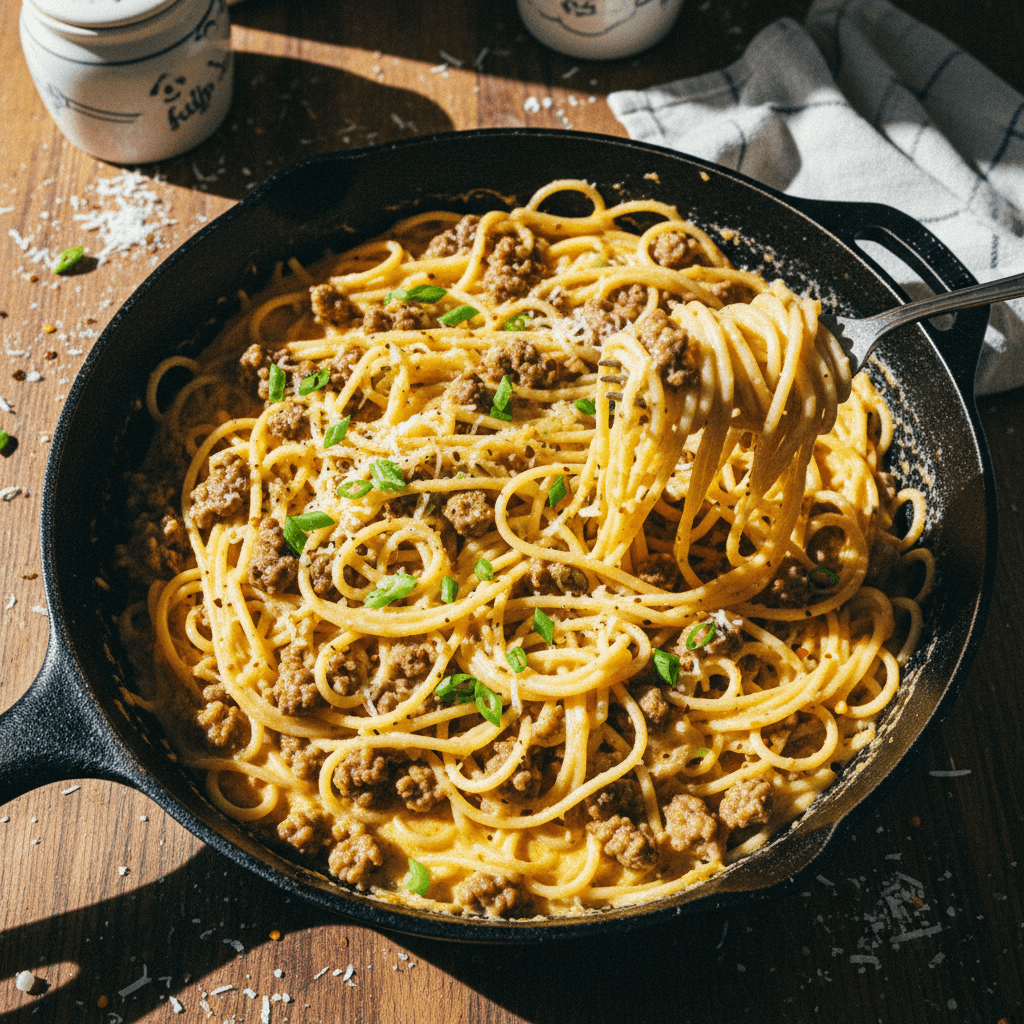 Cheesy Garlic Butter Beef Spaghetti in Creamy Cheddar Parmesan Sauce