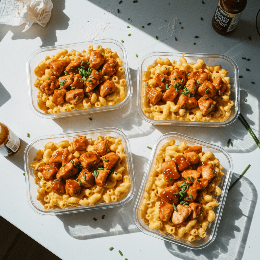 Easy High Protein Meal Prep Honey BBQ Chicken Mac & Cheese