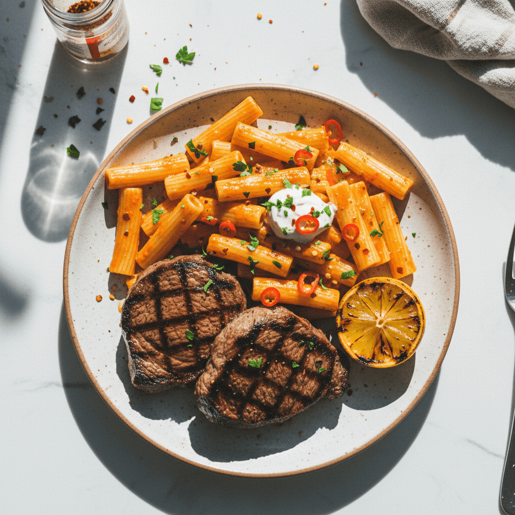 Grilled Steak with Spicy Creamy Rigatoni