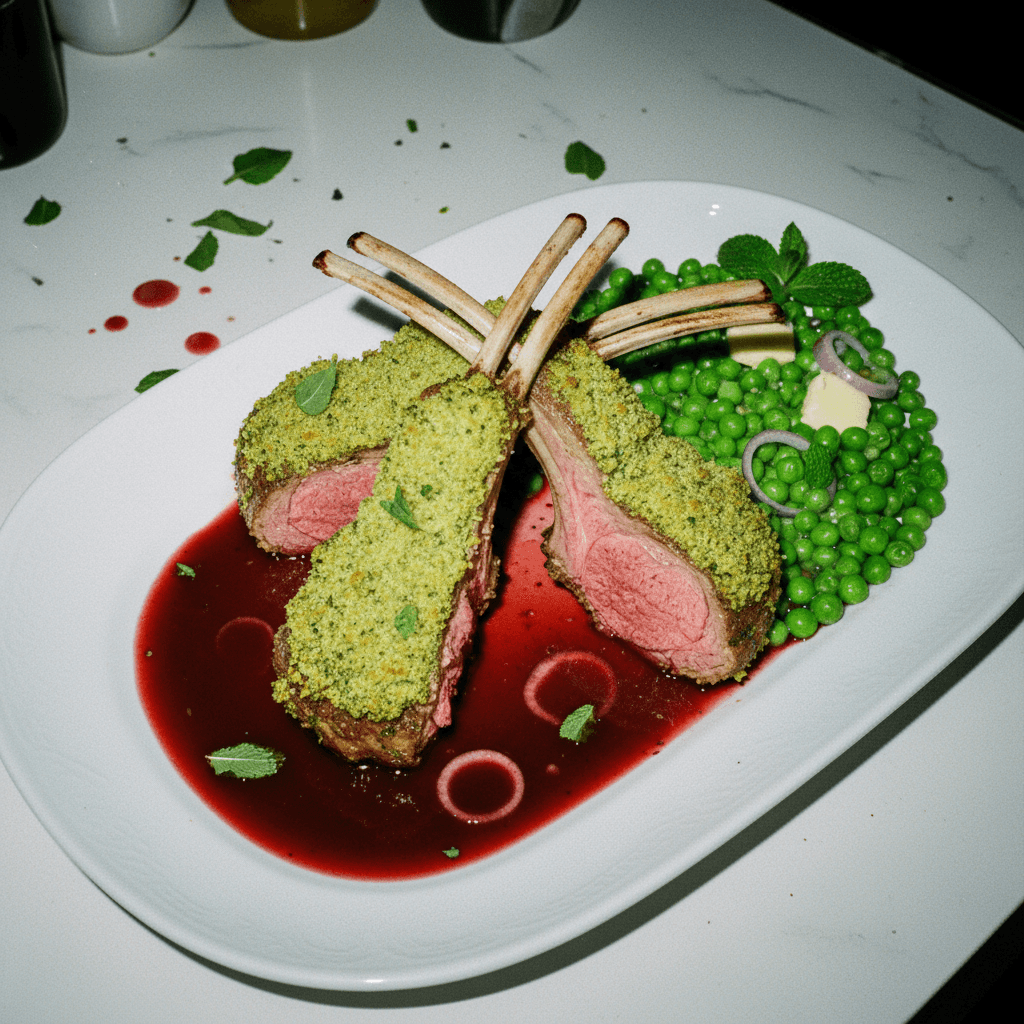 Herb-Crusted Rack of Lamb with Red Wine Jus and Minted Peas