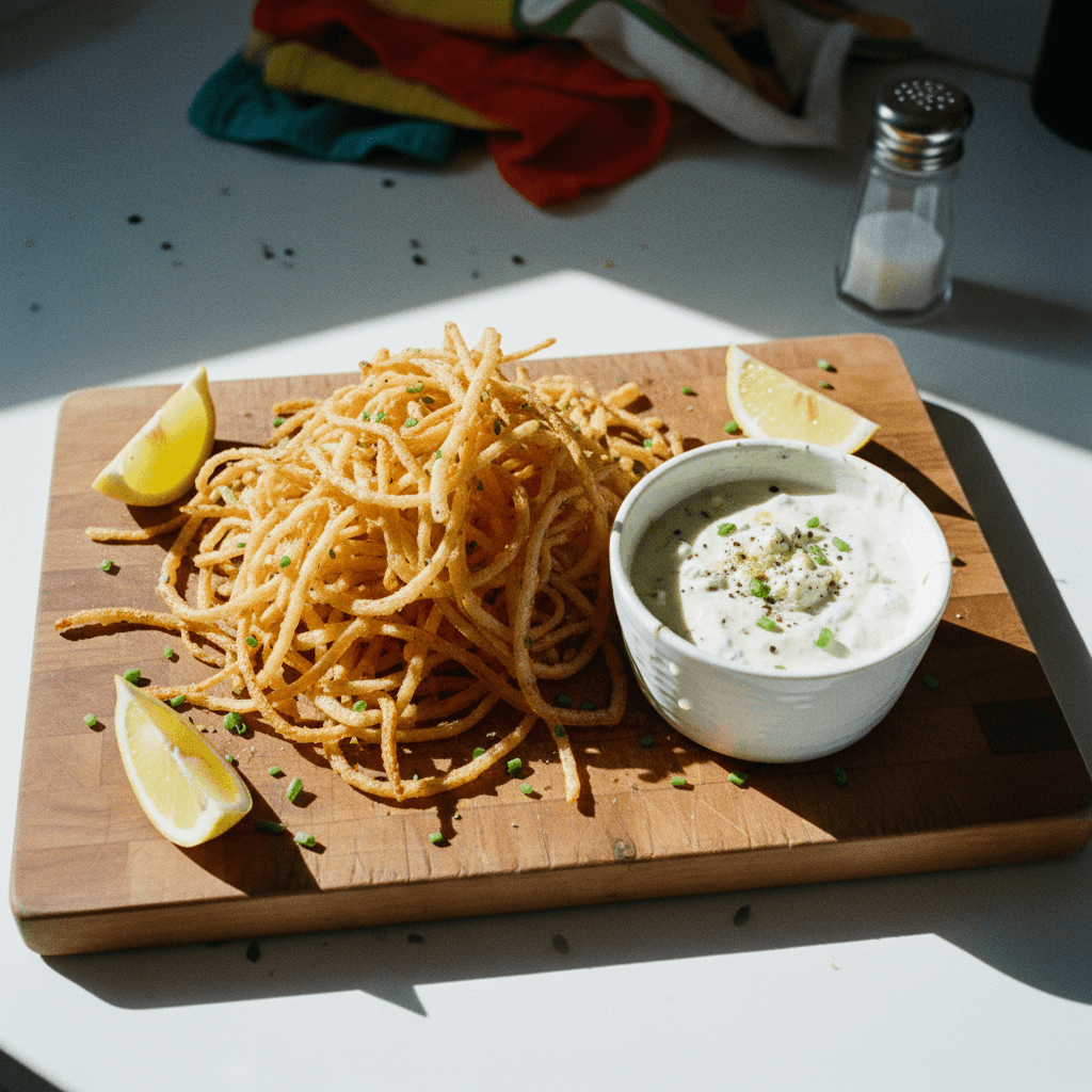 Shoestring Onion Rings with Blue Cheese Aioli