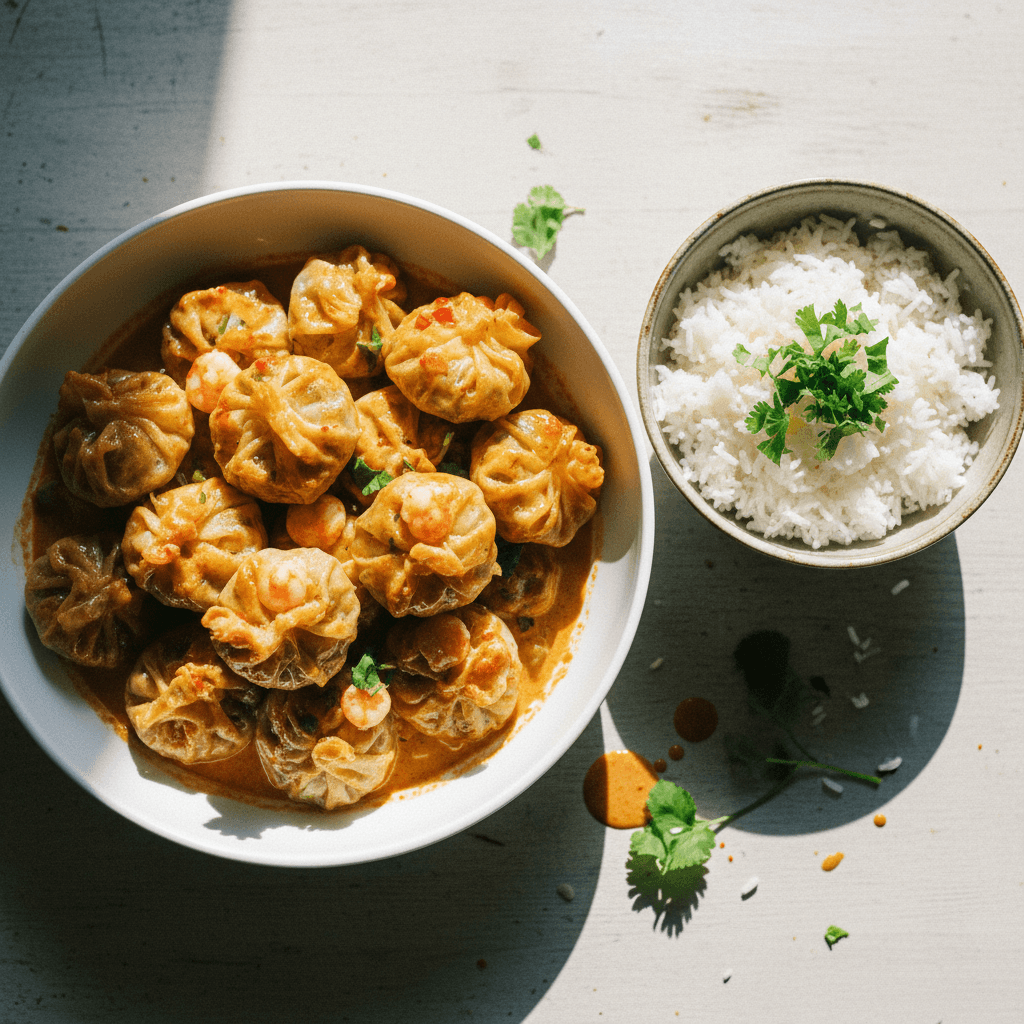 Rice Paper Prawn Dumplings with Thai Red Curry Sauce