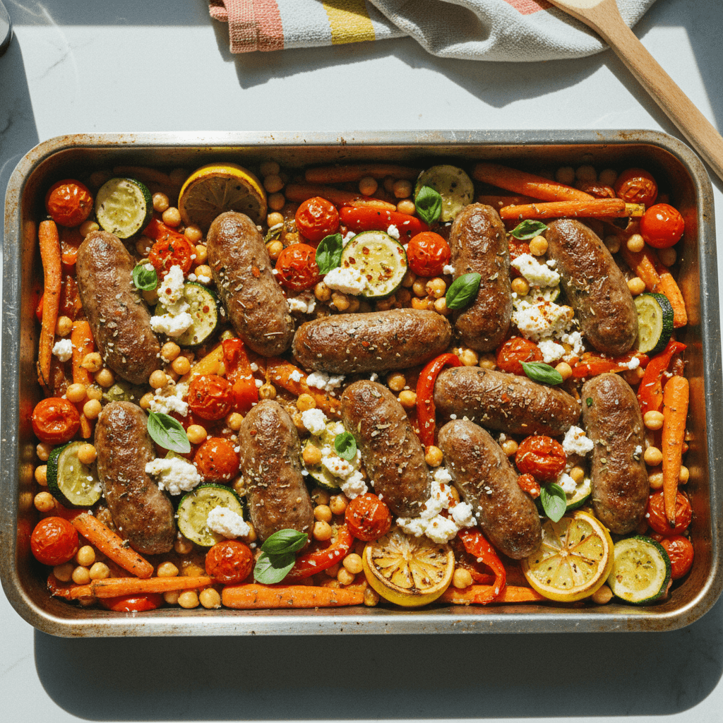 Sausage, Roasted Veggie & Chickpea Tray Bake