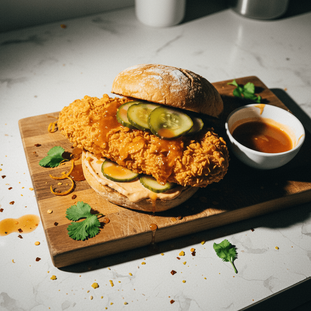 Spicy Honey Orange Crispy Chicken Sandwich with Quick Pickles