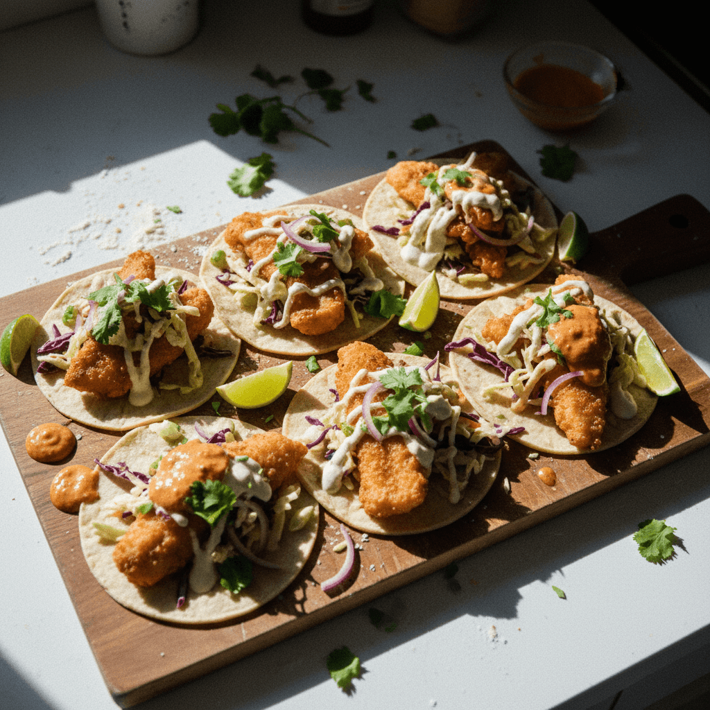 Crispy Fish Tacos with Chipotle Crema and Lime Slaw