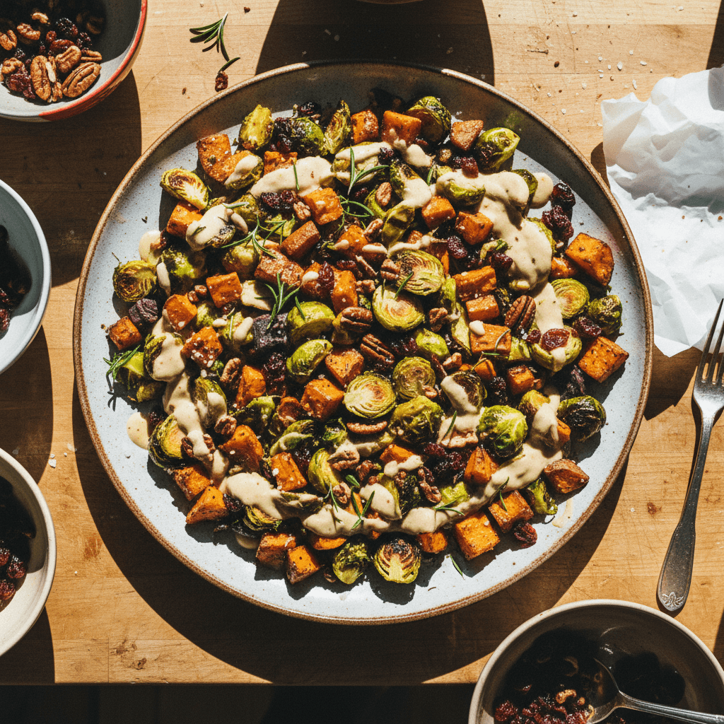 Roasted Sweet Potato and Brussels Sprout Salad with Maple Tahini Dressing