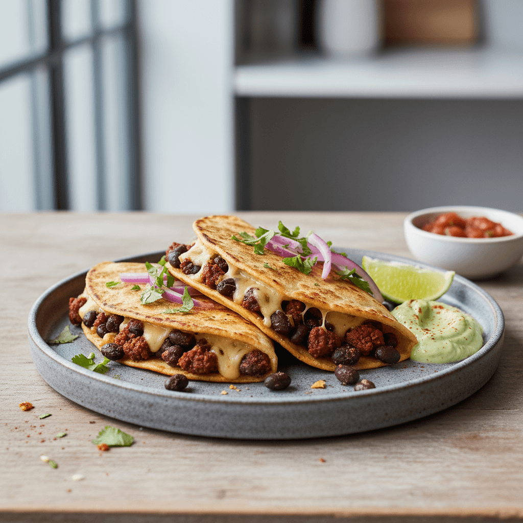 Plant-Based Chorizo & Black Bean Quesadilla Tacos