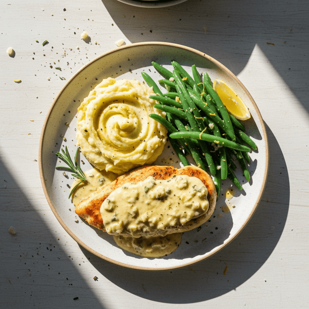 Creamy Garlic Parmesan Chicken with Mustard Mash and Garlicky Lemon Greens
