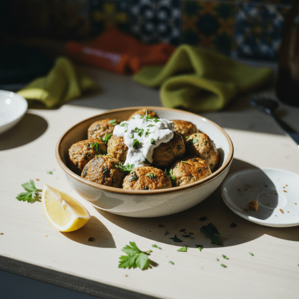 Mediterranean Baked Salmon Meatballs with Creamy Herb Sauce
