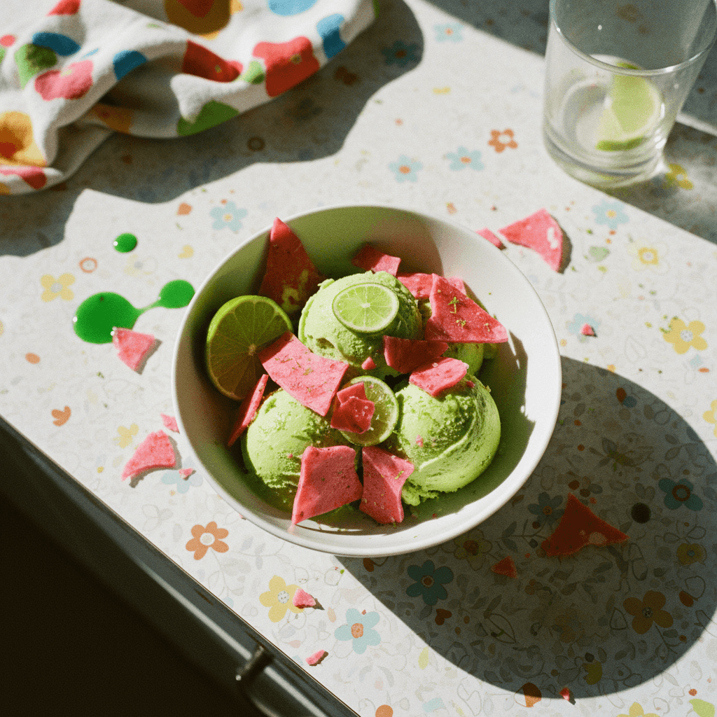 Lime Chlorophyll Gelato with Pink Dragon Fruit Tapioca Chips