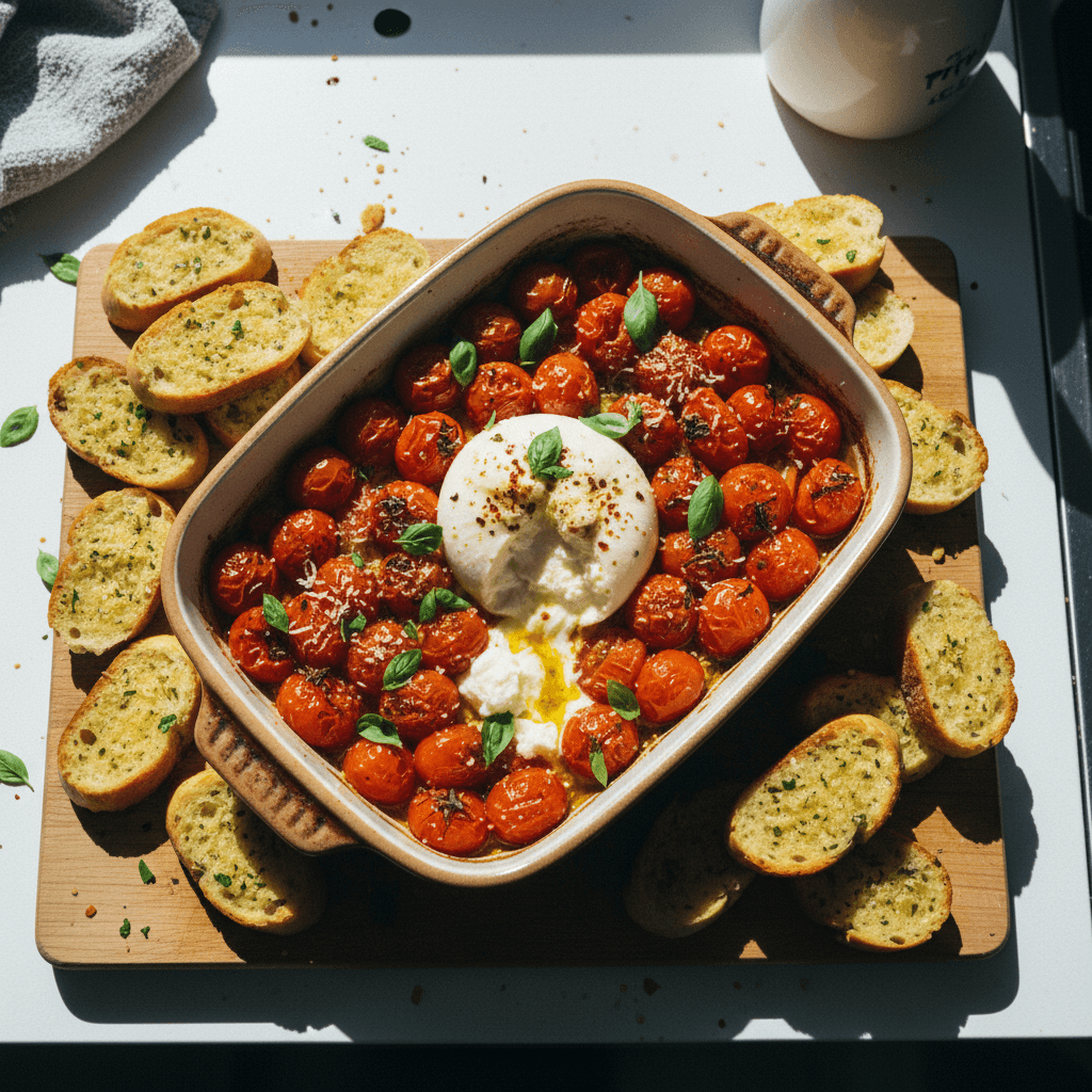 Roasted Tomato Burrata Dip with Garlic Bread Crostinis