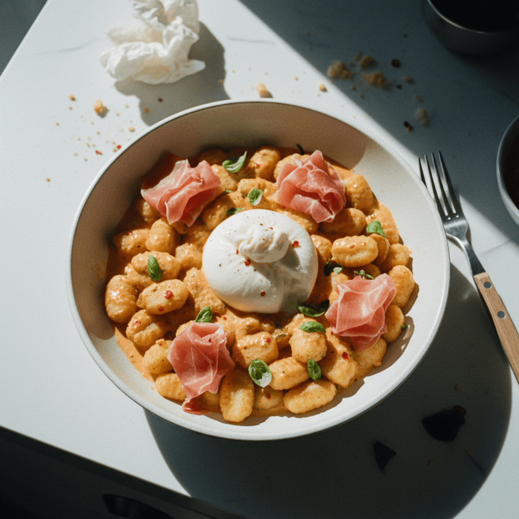 Fried Gnocchi with Vodka Sauce, Burrata, and Prosciutto