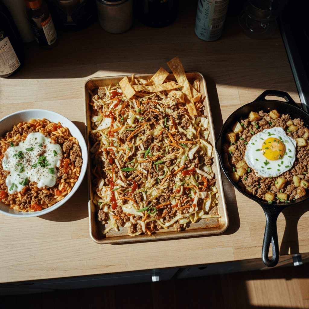 3 Ground Beef Recipes (Beef Orzo, One-Pan Egg Roll, Beef & Potato)