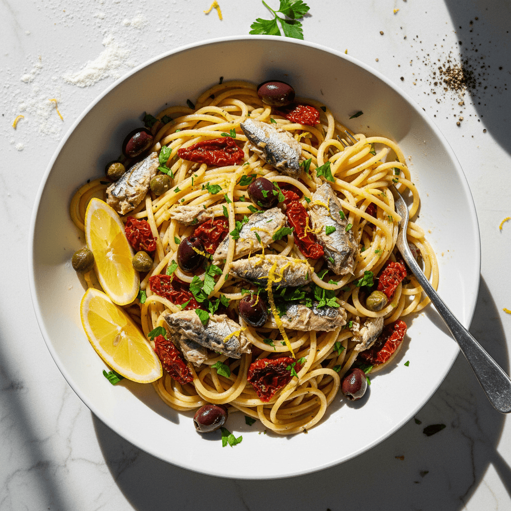 Sardine Pasta with Olives, Capers, and Sun-Dried Tomatoes