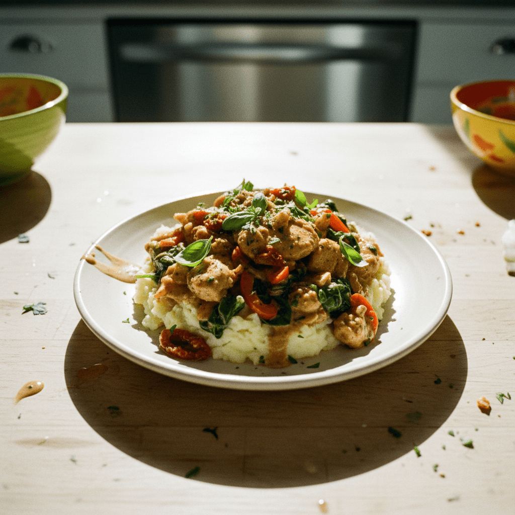 Tuscan Chicken over Mashed Potatoes