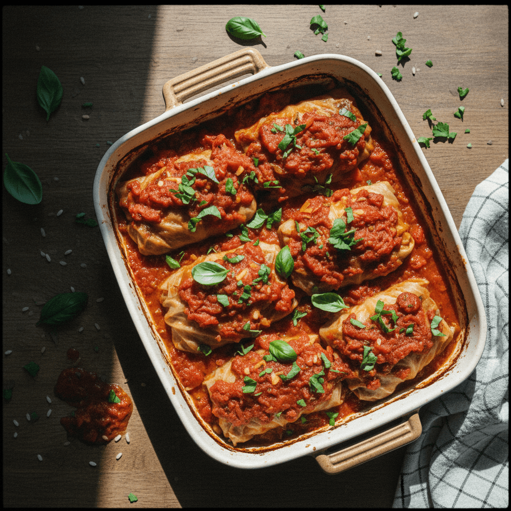Squash and Mushroom Stuffed Cabbage Rolls with a Rich Tomato Sauce