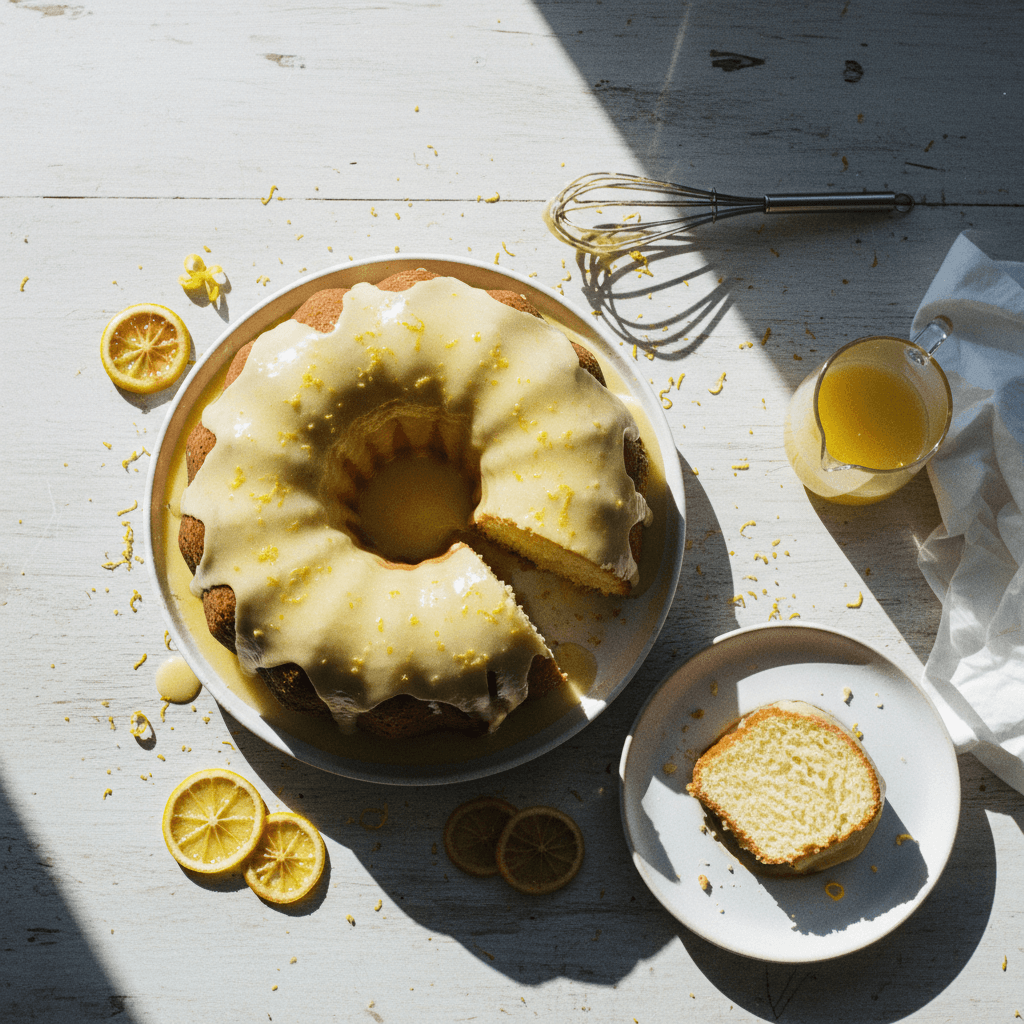 Lemon Bundt Cake with Lemon Syrup and Sweetened Condensed Milk Glaze