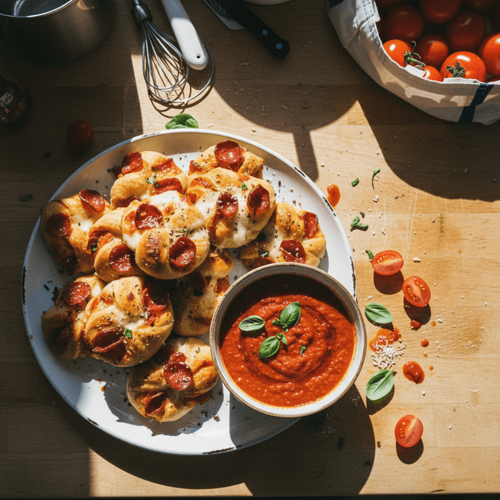 Pepperoni Pizza Garlic Knots with Homemade Tomato Dipping Sauce