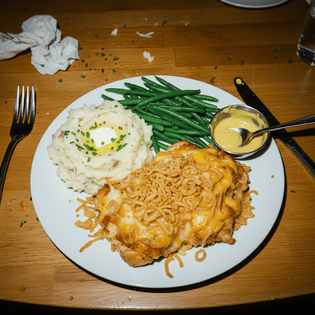 Crispy Onion Dijon Chicken with Mashed Potatoes and Green Beans