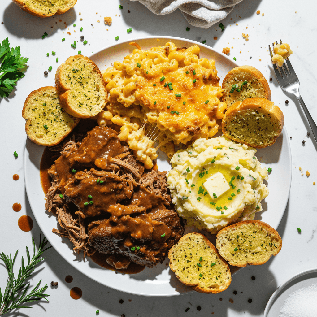 Hearty Pot Roast Feast with Mac and Cheese, Mashed Potatoes, and Garlic Bread
