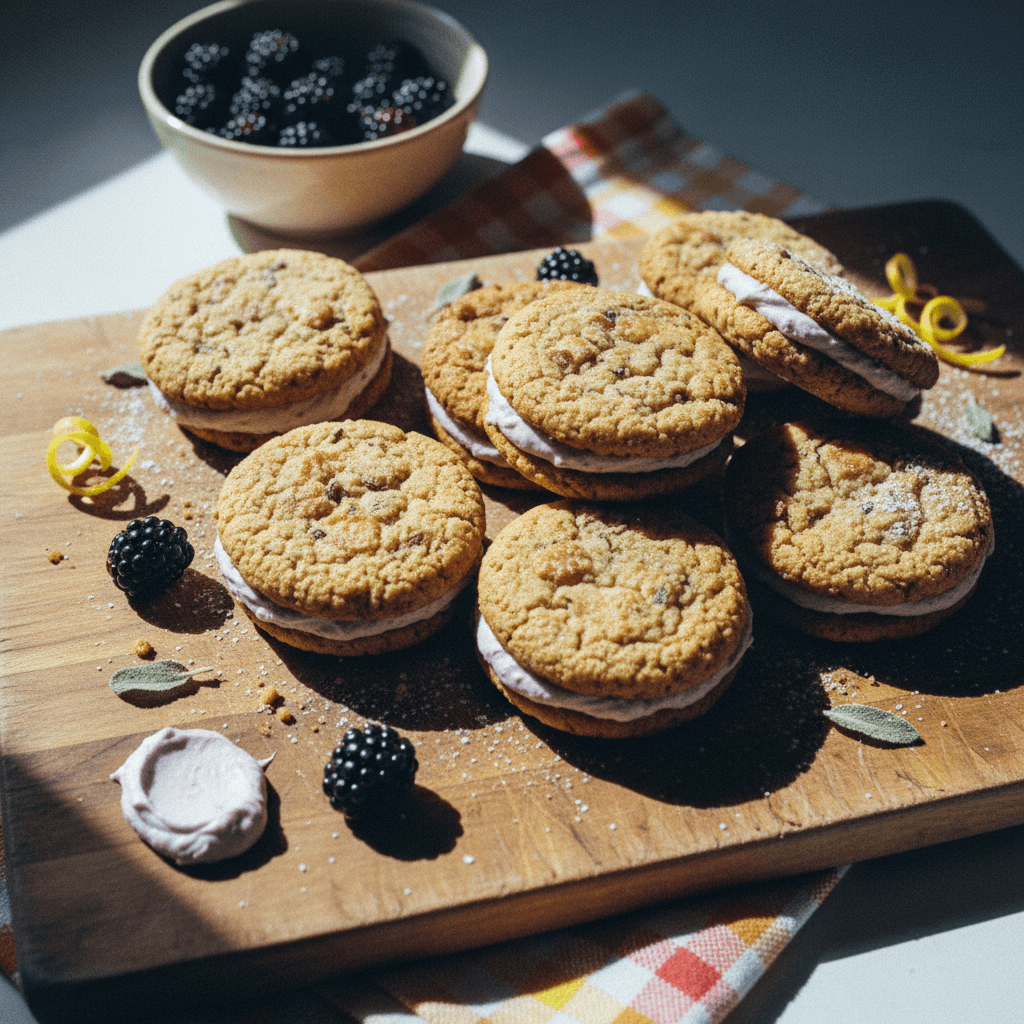 Brown Butter Sage Sandwich Cookies with Lemon Blackberry Buttercream