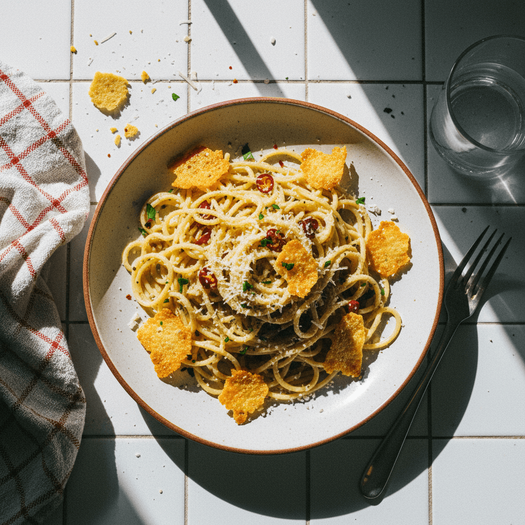 Spaghetti Aglio e Olio with Cheese Chips / Pasta alla Carrettiera with Frico Croccante