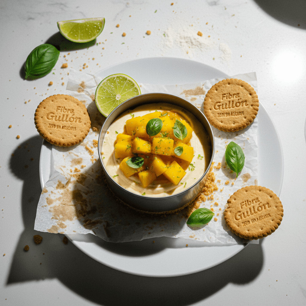 Cheesecake de queso semicurado con mango, albahaca y lima con galletas Fibra Gullón Zero Sin Azúcares